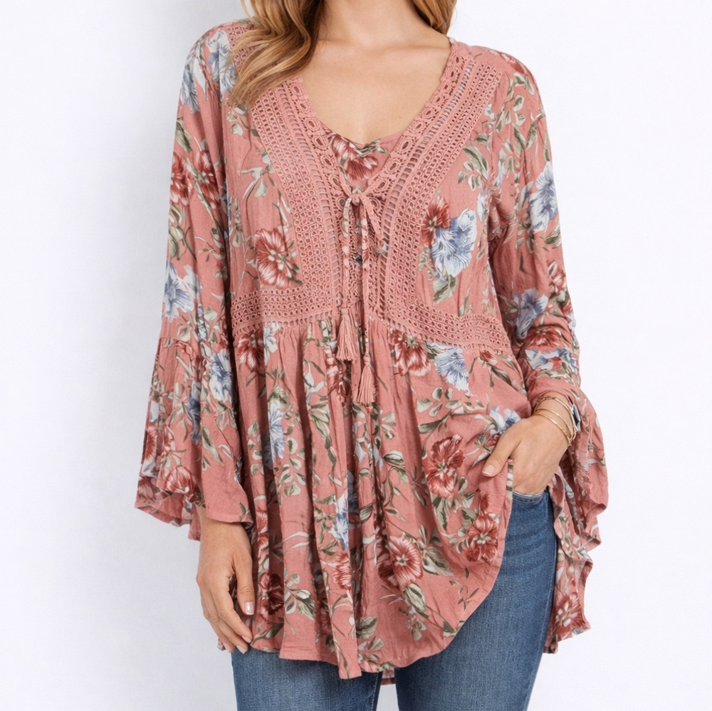Torrid Pink BOHO Top, Embellished 3/4 Sleeve Blouse, With Tassel. - Picture 1 of 7